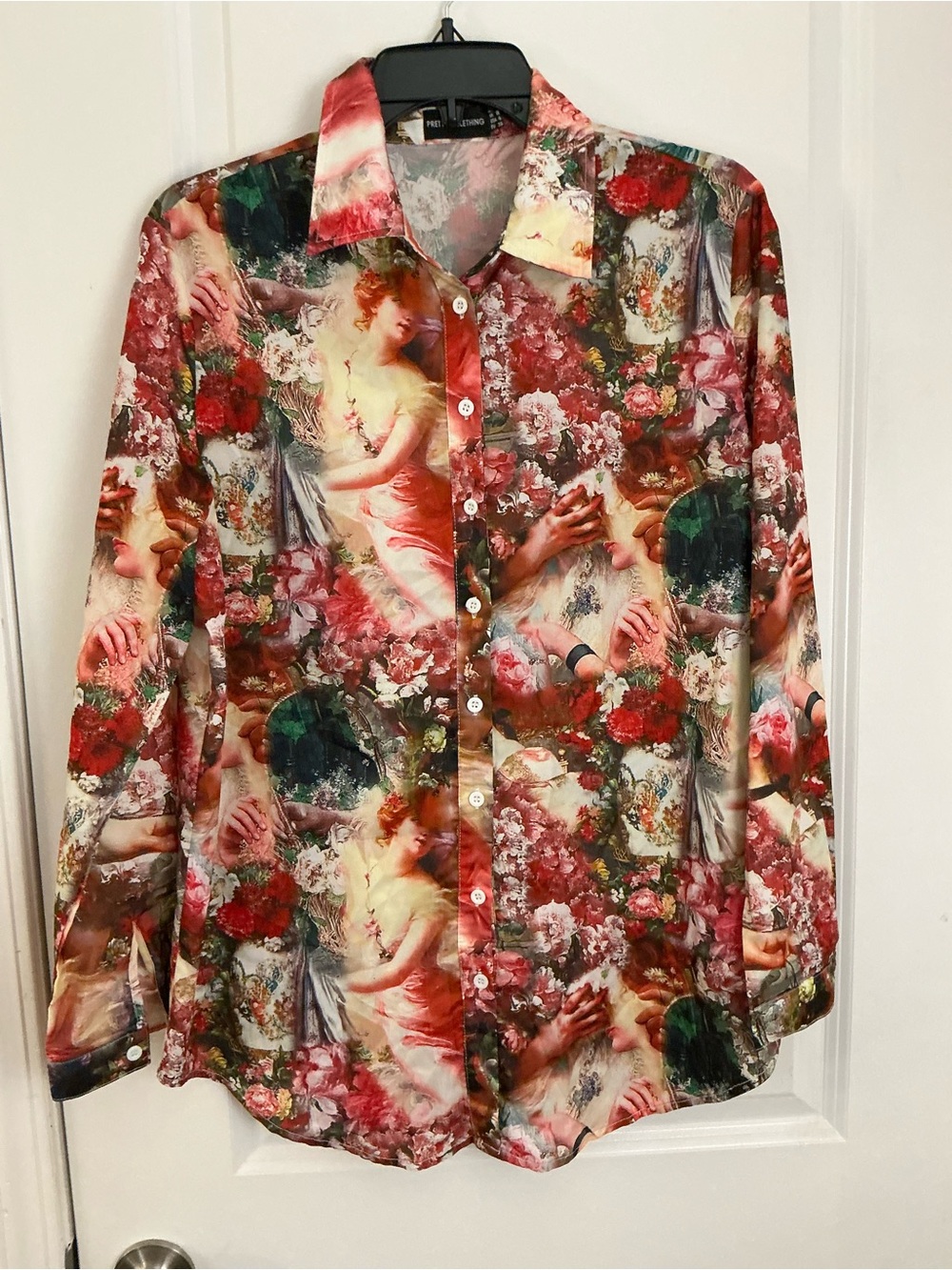 PrettyLittleThing Renaissance Print Oversized Shirt Rose Pink Floral Top USA 4